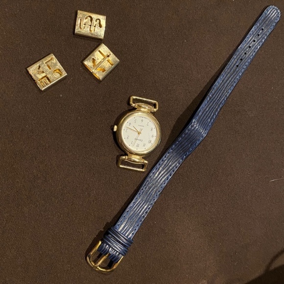 NEW VINTAGE 60\'s Hippie Chic Boho Watch Polished Gold Leather Indigo Blue Jeans